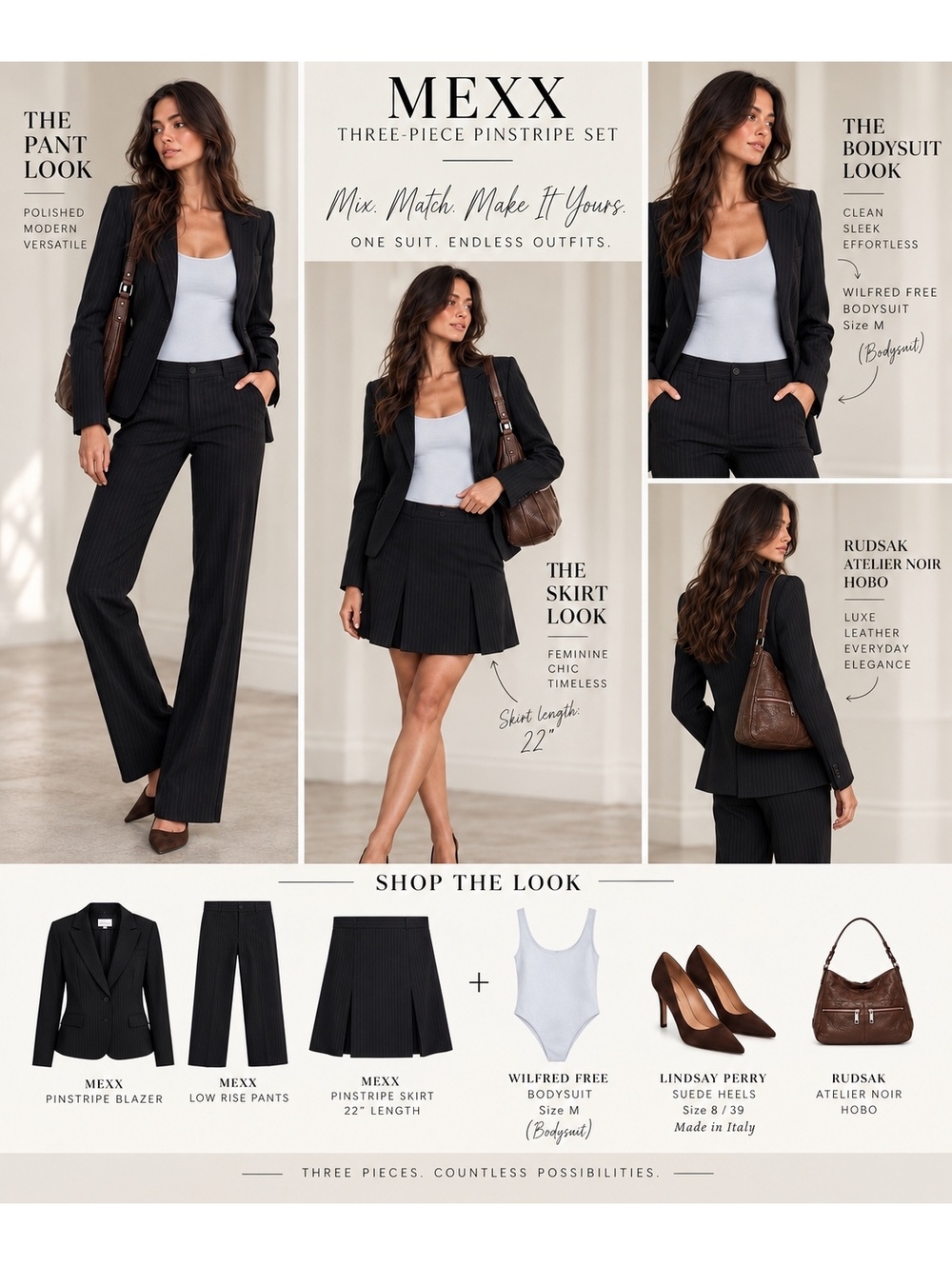 MEXX 3 Piece Pinstripe Suit Blazer Low Rise Pants Skirt Y2K Power Suit US8